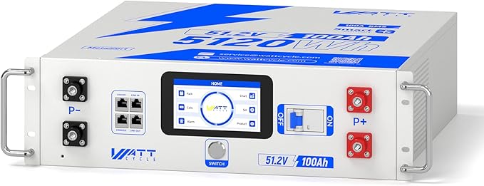 WattCycle Akumulator LiFePO4 48V 100Ah 5,12kWh, Bateria Rack 3U do Magazynowania Energii z BMS 100A, Bluetooth, LCD, Aktywne Balansowanie 3A, CAN RS485 dla Fotowoltaiki, UPS i Systemów Off Grid
