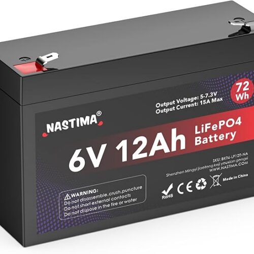 NASTIMA Akumulator 6 V 12 Ah 72 Wh LiFePO4 z ochroną BMS i głębokim cyklem 4000, kamerami monitorującymi, samochodami dziecięcymi, łodziami motorowymi, kempingiem, panelami słonecznymi