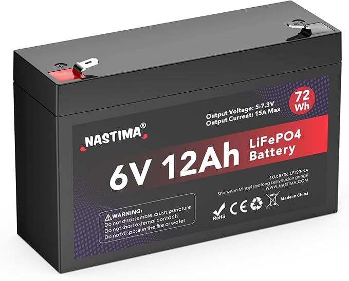 NASTIMA Akumulator 6 V 12 Ah 72 Wh LiFePO4 z ochroną BMS i głębokim cyklem 4000, kamerami monitorującymi, samochodami dziecięcymi, łodziami motorowymi, kempingiem, panelami słonecznymi