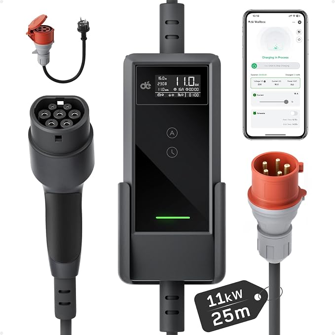 dé Mobilny Wallbox 11 kW z aplikacją [25 m | 3-fazowy | 6-16 A], kabel do ładowania do samochodu CEE-16A 400 V na typ 2 z regulowaną mocą ładowania, ładowarka EV do ID.3/4/5/7, IX1, model 3/Y i innych