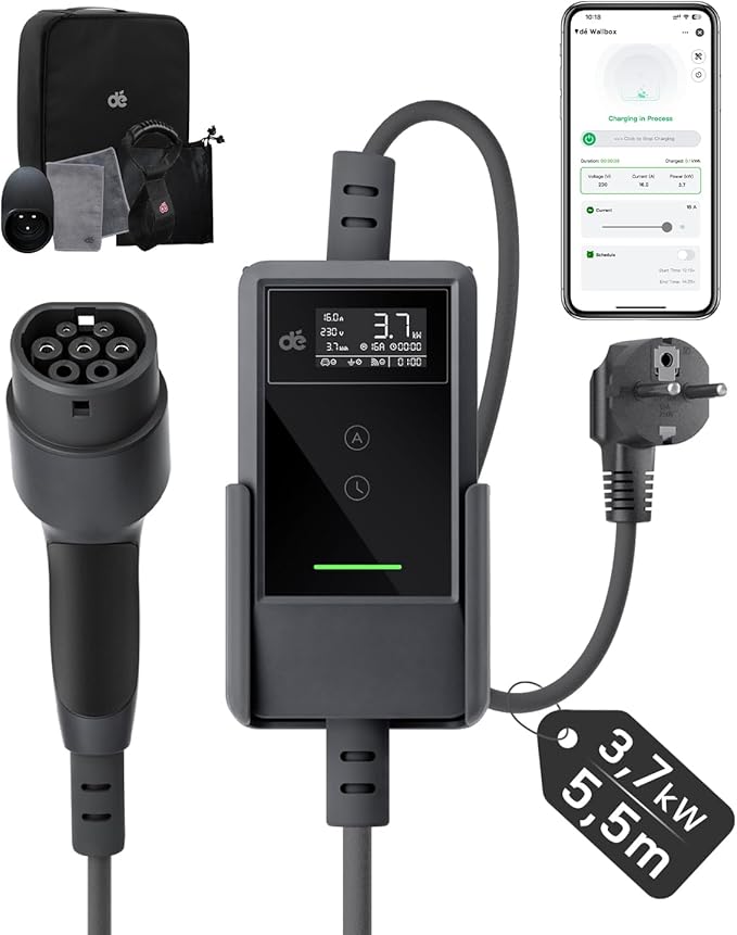 dé Ładowarka samochodowa elektryczna APP 3,7 kW 5,5 m 6-16 A, przenośna elektryczna ładowarka samochodowa typu 2 Schuko z LCD, kabel do ładowania samochodu elektrycznego, kolumna ładująca do modelu 3