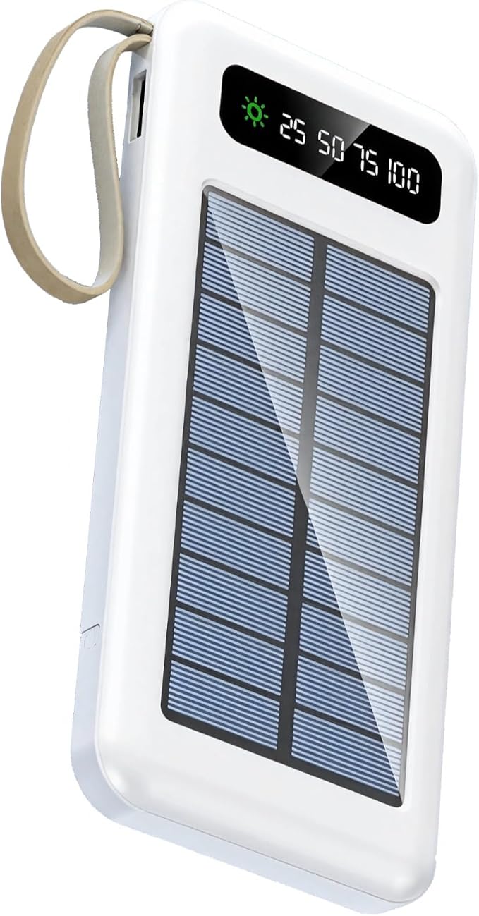 Zasilacz solarny o dużej pojemności 50000 mAh, zewnętrzna przenośna ładowarka z portami USB, wbudowane kable, wskaźnik LED i latarka