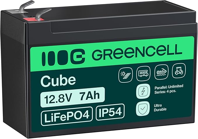 Green Cell CUBE LiFePO4 akumulator 7 Ah 12,8 V – akumulator litowo-żelazowo-fosforanowy do samochodów kempingowych, łodzi, instalacji solarnych, systemów off-grid, z BMS, lekki i bezpieczny