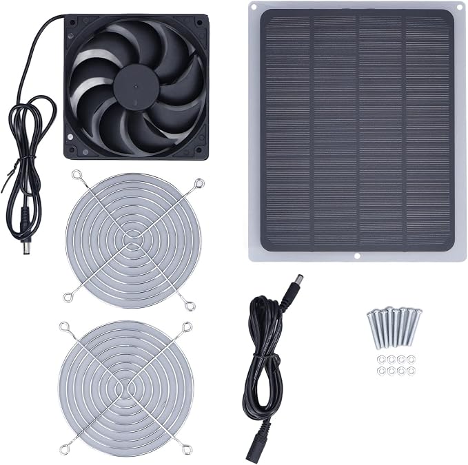Fyearfly Wentylator wylotowy zasilany energią słoneczną, 6 W, wentylator panelowy słoneczny z siatką ochronną, wodoodporny szklarnia, kurczaka, wentylator solarny do użytku na zewnątrz