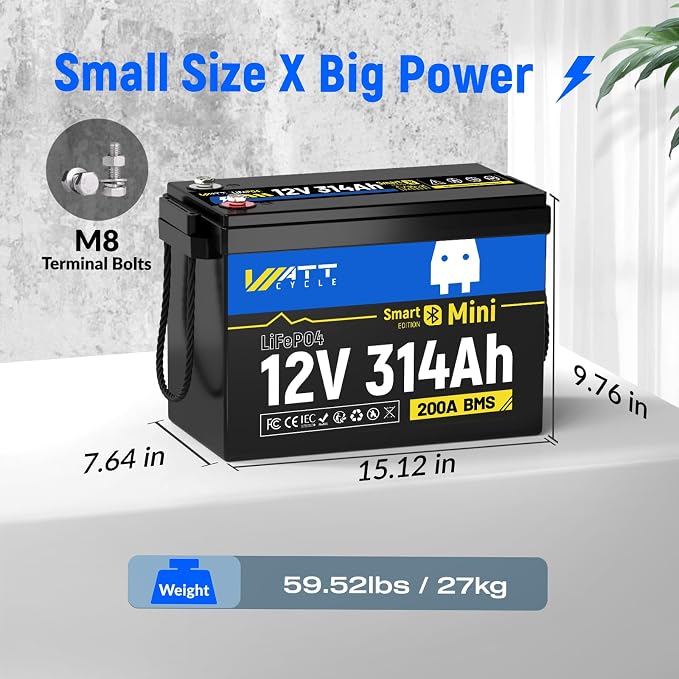 Wattcycle 12V 314Ah Mini LiFePO4 Akumulator Litowy z Bluetooth, BMS 200A, Energia 4,01 kWh, Ulepszone Aluminiowe Żebra Chłodzące i Plecione Przewody Miedziane, Do Kamperów i Łodzi - obrazek 3