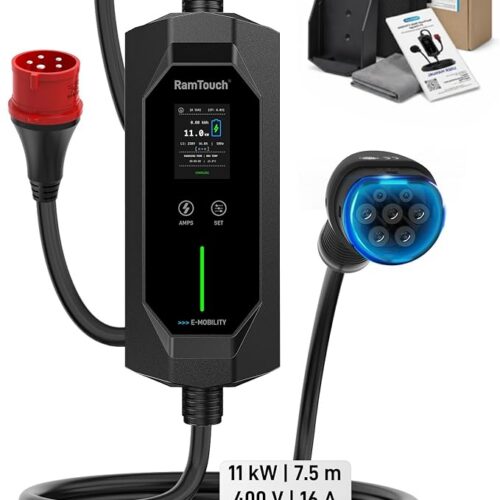 Ładowarka EV (11 kW, 16 A, 7,5 m, czerwony CEE 16A 5P do Typu 2) | 3-fazowa | 6 - 16 A | IP67 | Timer | Opóźniony start | LCD 2,4" | RCD AC/DC | Kabel Mode 2 / Mobilny wallbox | do EV i PHEV