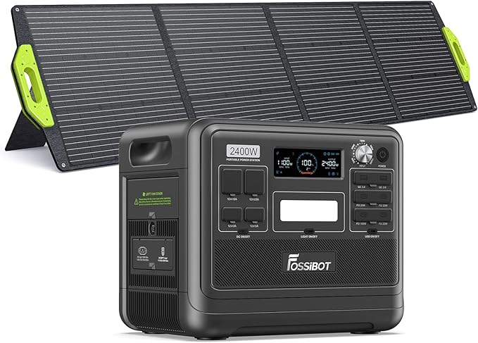 FOSSiBOT Generator solarny z panelem słonecznym 200 W, 2048 Wh LiFePO4, 3 x 230 V 2400 W AC, gniazdko elektryczne, mobilne zasilanie do kampera na zewnątrz, do domu i awaryjny agregat prądotwórczy
