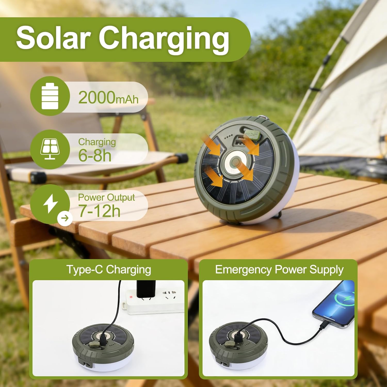 Philorn Solarny łańcuch świetlny kempingowy, zwijany, 5 w 1, ładowanie przez USB, łańcuch świetlny LED, 5 trybów oświetlenia, wodoszczelna lampa kempingowa, latarka do namiotu, na kemping, wędrówki - obrazek 3