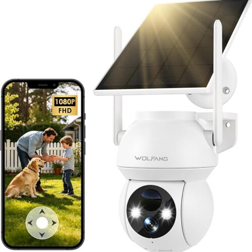 WOLFANG Solarna kamera bezpieczeństwa 1080P na zewnątrz, kamera WiFi PTZ 360° (tylko 2,4 G), wykrywanie ruchu PIR, noktowizor, dwukierunkowy dźwięk, IP65, współpracuje z Alexa i Google Home, bez