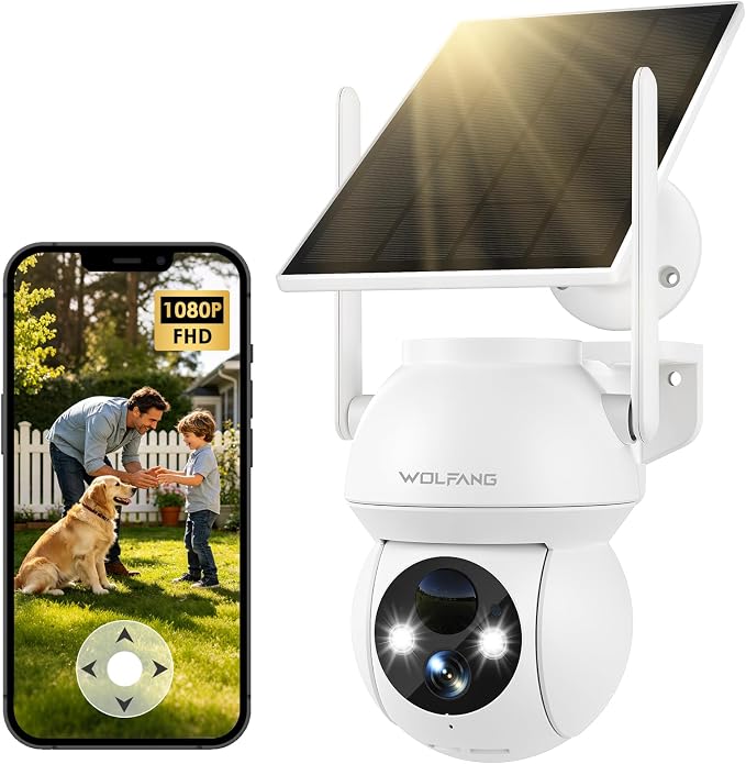 WOLFANG Solarna kamera bezpieczeństwa 1080P na zewnątrz, kamera WiFi PTZ 360° (tylko 2,4 G), wykrywanie ruchu PIR, noktowizor, dwukierunkowy dźwięk, IP65, współpracuje z Alexa i Google Home, bez