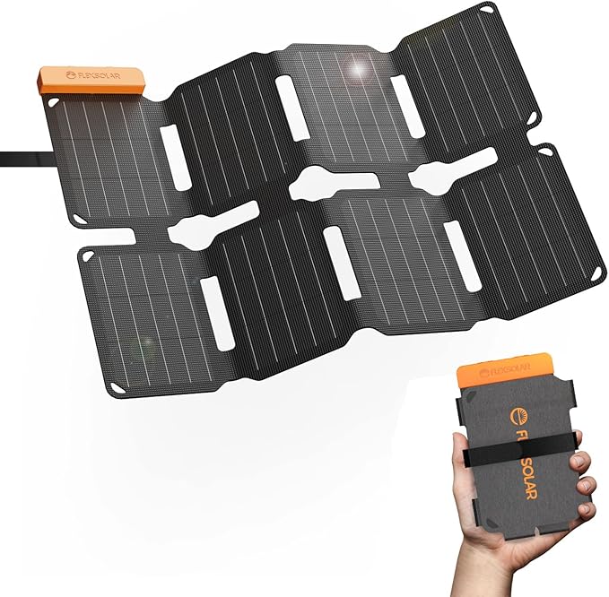 Flexsolar 25W Mini Składany Panel Słoneczny w Rozmiarze Kieszonkowym, Wodoodporny E-Film Przenośny Ładownik Słoneczny z USB-A i USB-C dla Stacji Zasilania, Smartfonów, Tabletów, Powerbanków
