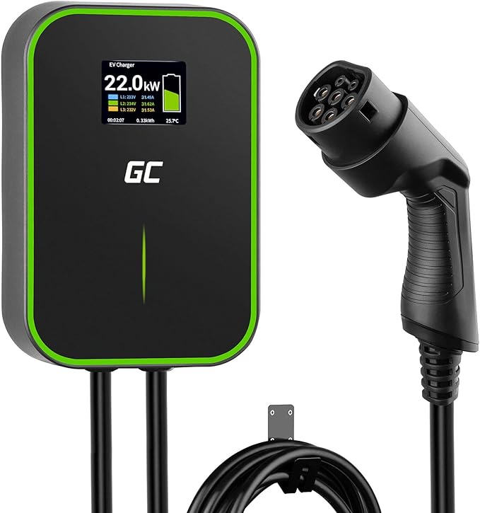 Green Cell GC PowerBox Wallbox 22kW Type 2 Ładowarka do Samochodów Elektrycznych EV PHEV Kabel 6m Wyświetlacz LCD Kompatybilna z każdym Pojazdem Elektrycznym Model 3/S/X/Y, ID.3, ID.4, i3, 500e, EV6