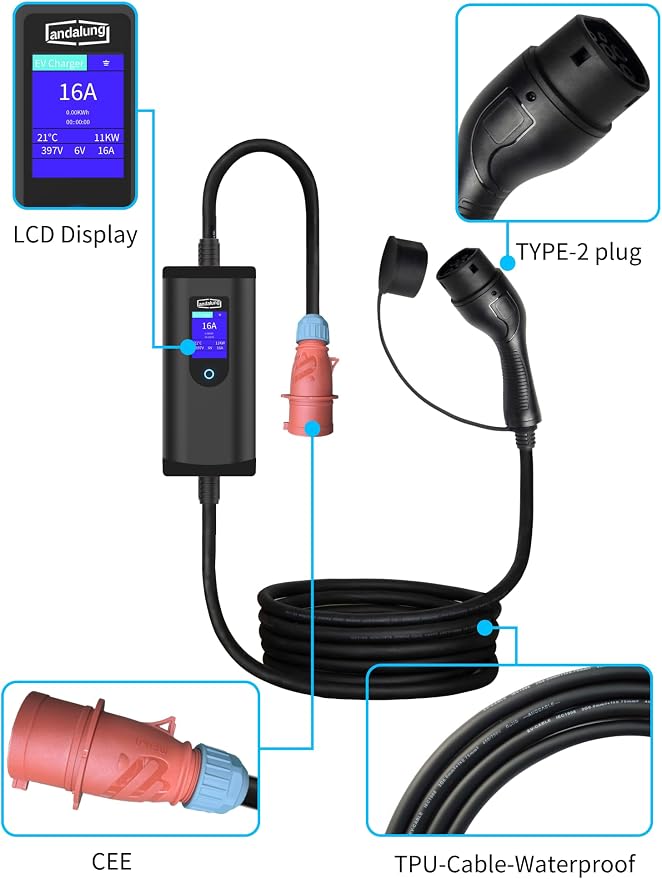 Przenośna ładowarka EV, 11 kW, 3-fazowa, 6-16 A, z regulowanym prądem, sterowaniem za pomocą aplikacji, kable, ochrona IP65, kompatybilna ze wszystkimi pojazdami PHEV/EV, WiFi, Bluetooth - obrazek 6