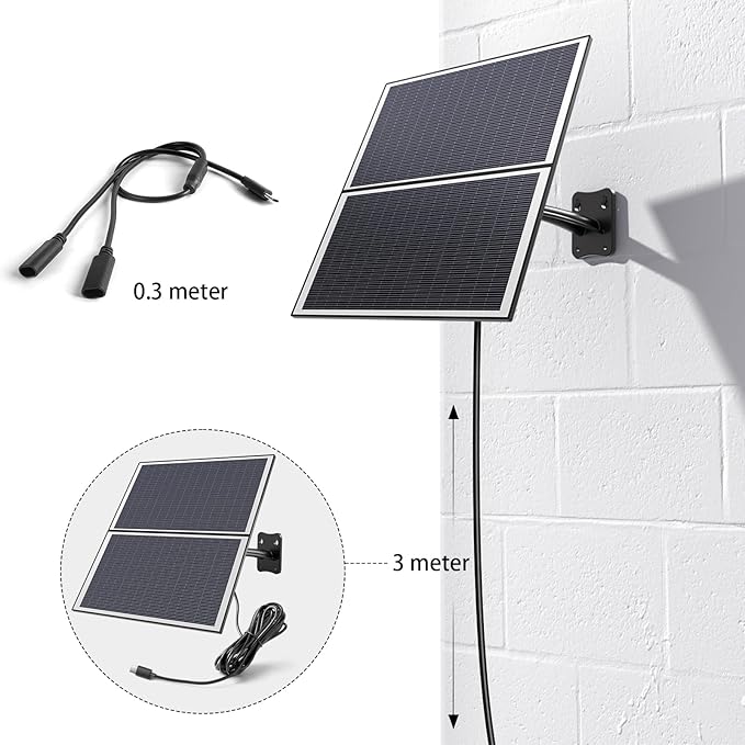 Xega Panel słoneczny 20 W do kamery monitorującej baterię, zewnętrzny interfejs typu C do solarnej kamery IP (kabel 3 metrowy), czarny - obrazek 4