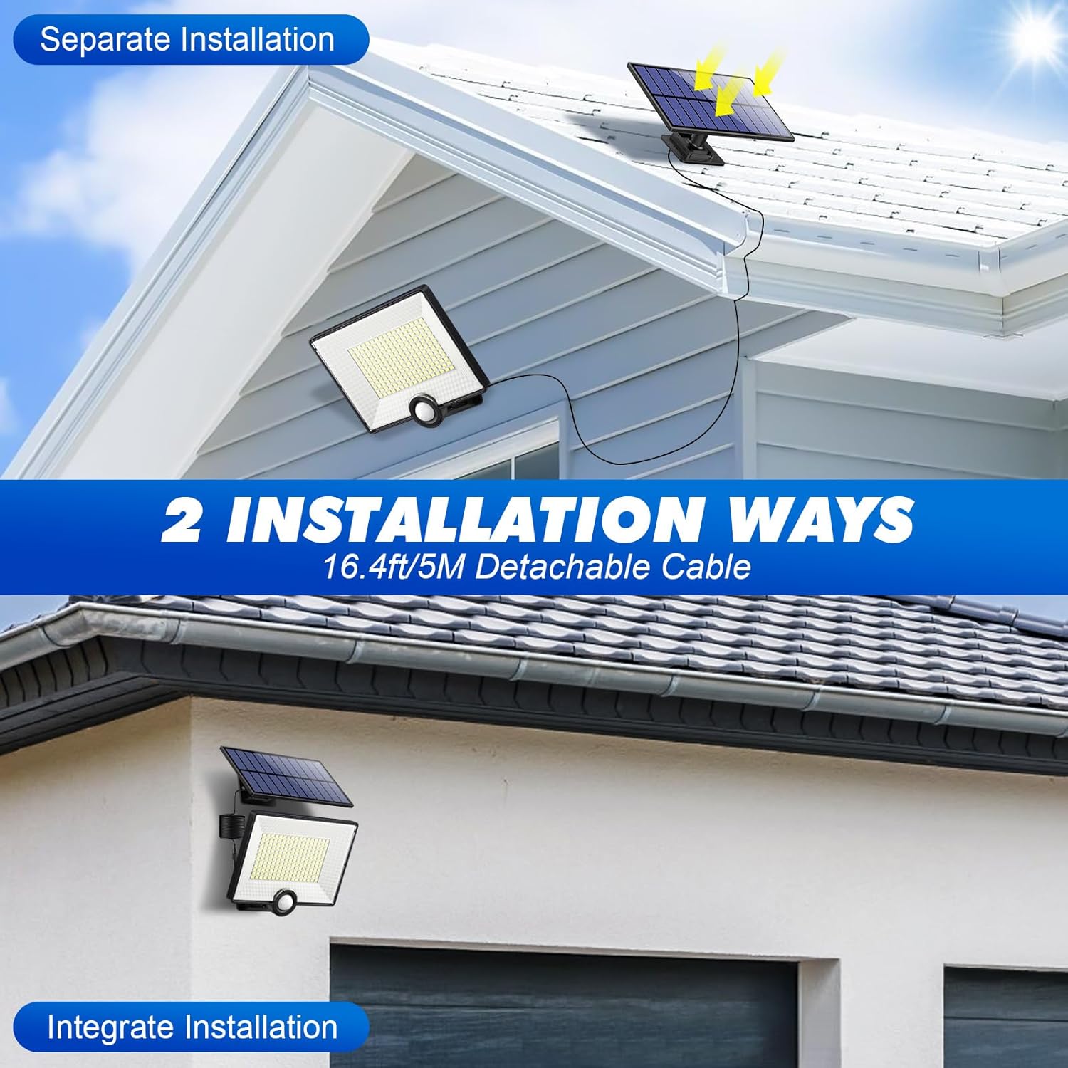 Pxwaxpy Zewnętrzna lampa solarna z czujnikiem ruchu, 3 tryby, 204 diody Led, 2000 lm, wodoszczelna lampa słoneczna, IP65, solarne oświetlenie zewnętrzne, reflektor Led z kablem 5 m, do ogrodu, garażu - obrazek 3