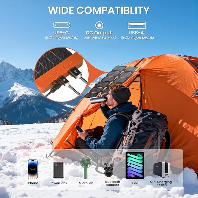 Flexsolar Mini składana ładowarka solarna 36 W, wodoszczelny, panel słoneczny z filmu E, przenośny, z portami USB-A/USB-C/DC, do stacji zasilania, smartfonów, tabletów, powerbanków, outdoorów, na - obrazek 2