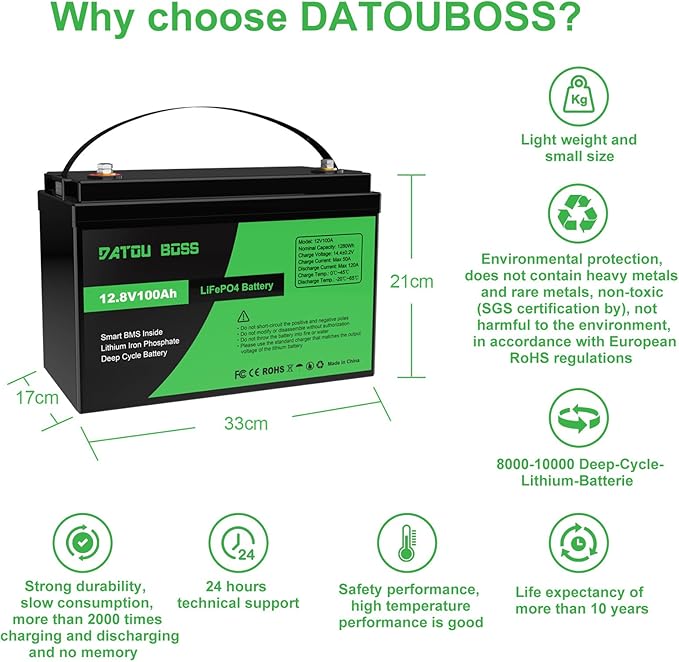 DATOUBOSS 12V 100Ah LiFePO4 Battery 100A BMS 8000+cycles Deep Cycle Lithium Battery MAX 1280W wsparcie mocy w połączeniu szeregowym/równoległym - obrazek 3