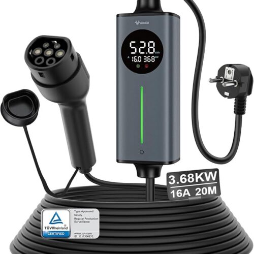 GONEO Cegła Ładująca 3,68kW 16A Jednofazowy | Ładowarka EV Kabel Typ 2 Schuko 20M | Automatyczne Uziemienie i Kontrola Temperatury,Ochrona RCD AC+DC,Timer Ładowania | Przenośna Domowa Stacja Ładowania