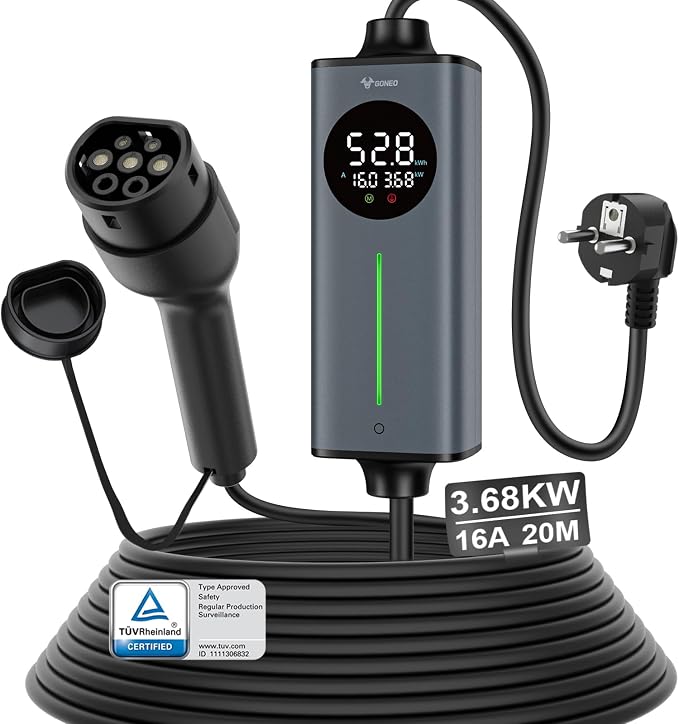 GONEO Cegła Ładująca 3,68kW 16A Jednofazowy | Ładowarka EV Kabel Typ 2 Schuko 20M | Automatyczne Uziemienie i Kontrola Temperatury,Ochrona RCD AC+DC,Timer Ładowania | Przenośna Domowa Stacja Ładowania