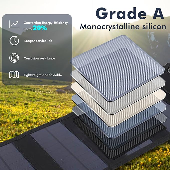 BuyWeek Składany panel słoneczny 20 W, ładowarka do przenośnego panelu słonecznego 5 V USB, ładowarka solarna do telefonu komórkowego, ładowarka solarna na kemping, do aktywności na świeżym powietrzu - obrazek 5