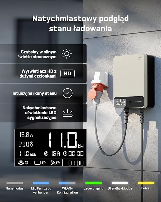 dé Skrzynka ścienna typu 2, 11 kW, z aplikacją i RFID, 6-16 A, 3-fazowa ładowarka EV, 400 V z kablem do ładowania 5 m i uchwytem na kabel do ochrony BEV/PHEV, RCD typu B i IP54, wydajna stacja - obrazek 5
