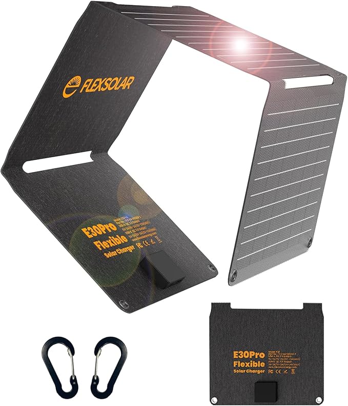 FlexSolar Przenośny składany panel słoneczny 30 W QC3.0 18W USB-A USB-C Wodoodporny IP67 Szybkie ładowanie do telefonów komórkowych, tabletów, powerbanków, aparatu, latarki kempingowej i pieszej
