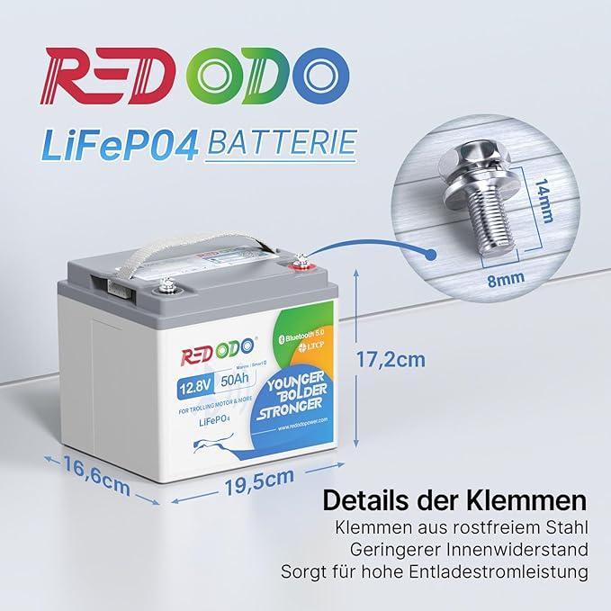 Redodo Akumulator LiFePO4 12 V 50 Ah Bluetooth do silników trollingowych, z ochroną przed niską temperaturą 50 A BMS, akumulator litowy 640 Wh, idealny do kamperów, łodzi, na kemping, 10 lat - obrazek 2