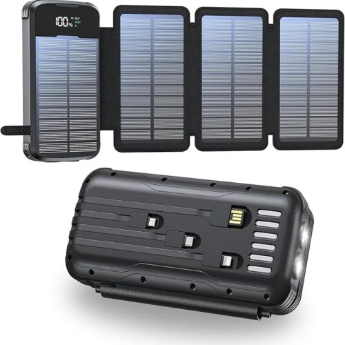 Solarny powerbank 20 000 mAh, przenośna ładowarka z 4 składanymi zewnętrznymi panelami słonecznymi, ładowarka, 4 zintegrowane kable, powerbank, zewnętrzny akumulator z 2 latarkami LED, do smartfonów
