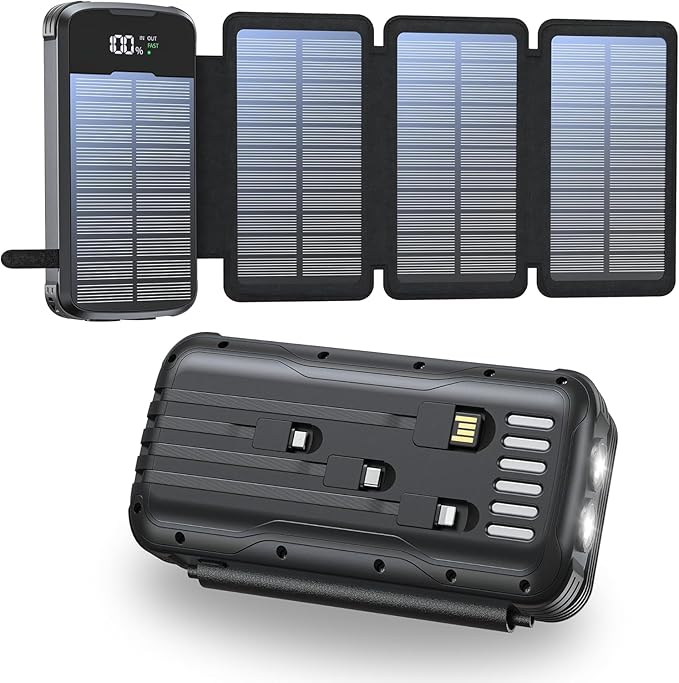 Solarny powerbank 20 000 mAh, przenośna ładowarka z 4 składanymi zewnętrznymi panelami słonecznymi, ładowarka, 4 zintegrowane kable, powerbank, zewnętrzny akumulator z 2 latarkami LED, do smartfonów