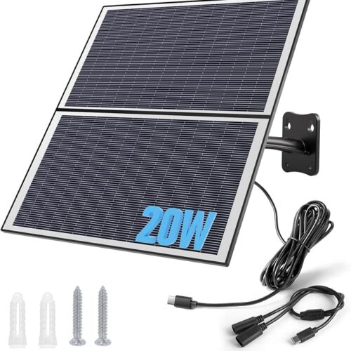Xega Panel słoneczny 20 W do kamery monitorującej baterię, zewnętrzny interfejs typu C do solarnej kamery IP (kabel 3 metrowy), czarny