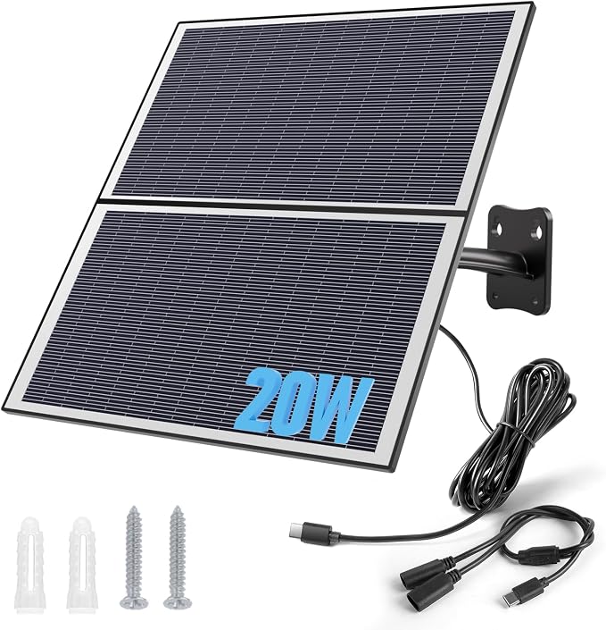 Xega Panel słoneczny 20 W do kamery monitorującej baterię, zewnętrzny interfejs typu C do solarnej kamery IP (kabel 3 metrowy), czarny