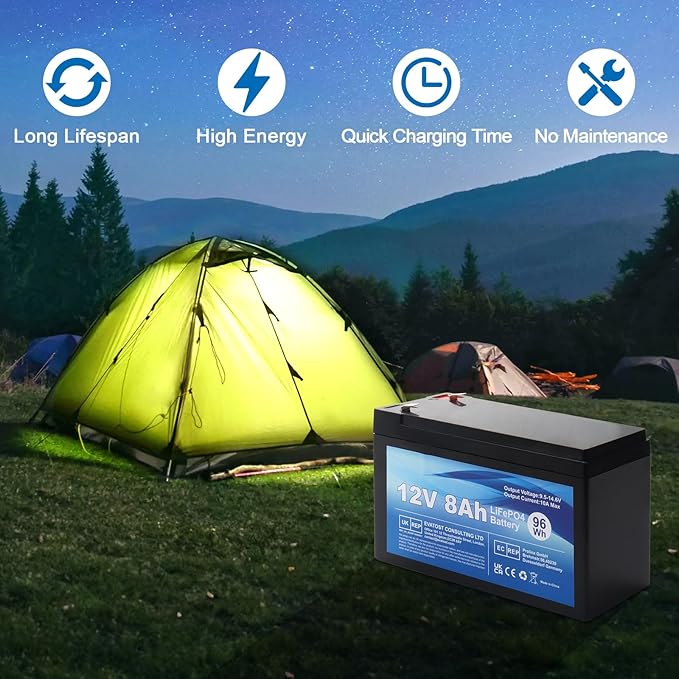 LiFePO4 12 V 8 Ah akumulator litowo-żelazowo-fosforanowy z BMS do samochodu dla dzieci, 4000 głębokich cykli do energii słonecznej, system alarmowy, aplikacje off-grid, kemping - obrazek 6