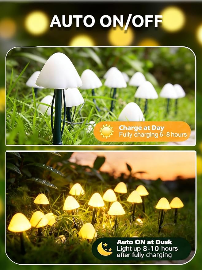 Joycome Ozdoby ogrodowe, zasilane energią słoneczną, 5 m, 20 diod LED, grzyb, wodoodporne, dekoracyjne lampki ogrodowe, na ścieżkę, krajobraz, ogrodzenie, trawnik, dekoracje halloweenowe (ciepła biel) - obrazek 5