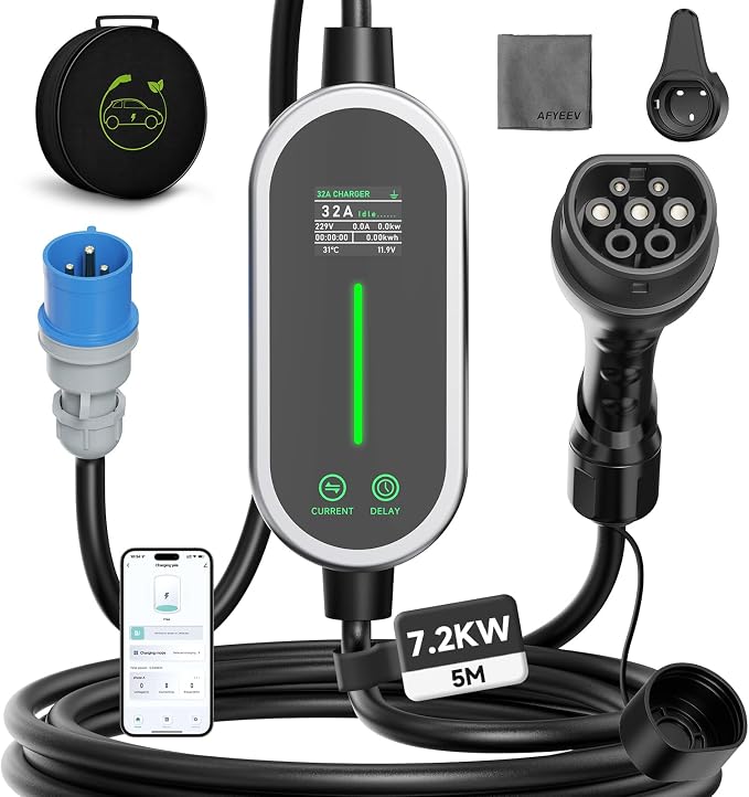Ładowarka samochodowa elektryczna 7,2 kW, 5M kabel do ładowania samochodu elektrycznego typu 2, 6-32A regulowany prąd Ładowarka samochodowa WiFi, przenośna ładowarka Wallbox do EV i PHEV, IEC