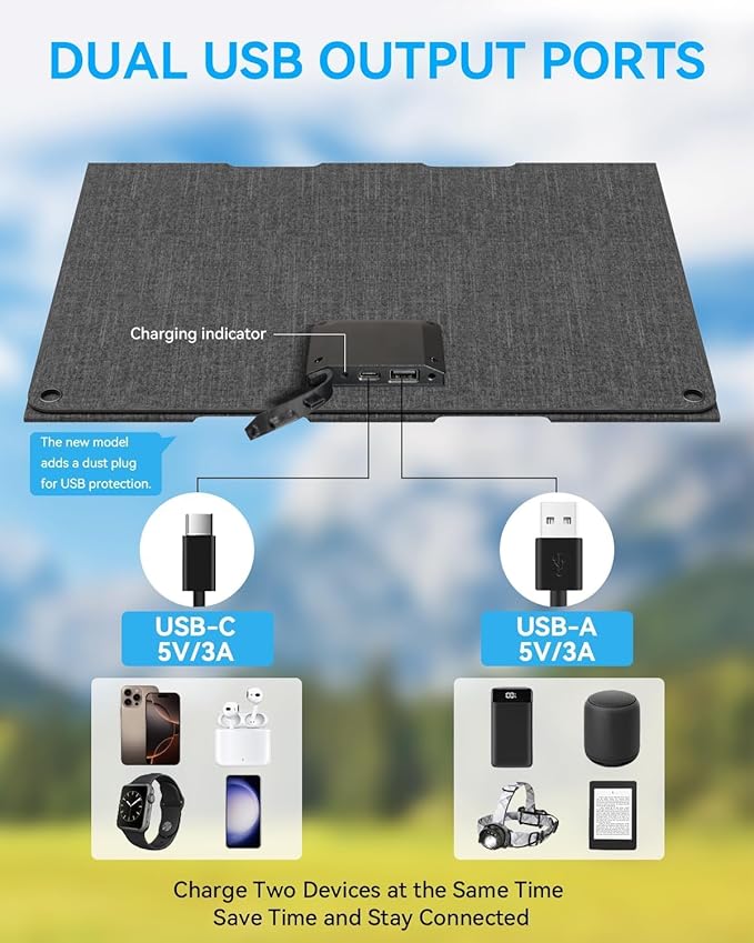 Ecosonique składany panel słoneczny 30 W, wodoszczelność IP67, ładowarka solarna USB-A USB-C do telefonu komórkowego, stacja zasilająca, na kemping z plecakiem, kompatybilna z telefonami komórkowymi - obrazek 3