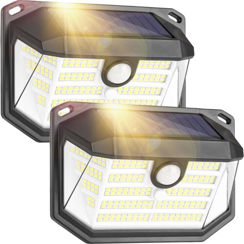 Solarna lampa zewnętrzna z czujnikiem ruchu, 230 diod LED, 3 tryby pracy, lampa solarna do użytku na zewnątrz, IP65, wodoszczelna lampa solarna do ogrodu, garażu, na zewnątrz (2 sztuki)