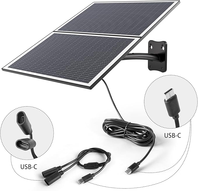 Xega Panel słoneczny 20 W do kamery monitorującej baterię, zewnętrzny interfejs typu C do solarnej kamery IP (kabel 3 metrowy), czarny - obrazek 3