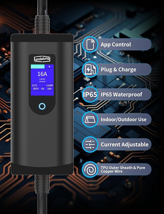Przenośna ładowarka EV, 11 kW, 3-fazowa, 6-16 A, z regulowanym prądem, sterowaniem za pomocą aplikacji, kable, ochrona IP65, kompatybilna ze wszystkimi pojazdami PHEV/EV, WiFi, Bluetooth - obrazek 4