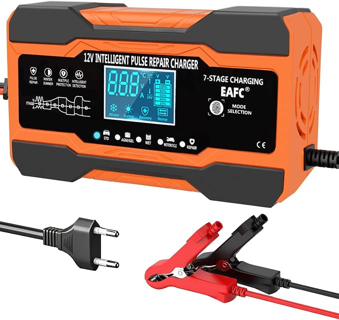 Ładowarka samochodowa 12A, 12V/12 A, w pełni automatyczna inteligentna ładowarka z kompensacją temperatury do akumulatorów ołowiowo-kwasowych do samochodów, ciężarówek, motocykli, kosiarek