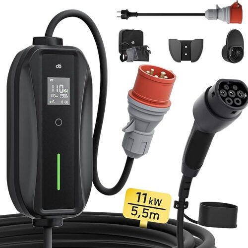 dé Przenośna stacja ładująca 11 kW [3-fazowa | 5,5 m | 6-16 A] z regulowaną mocą ładowania, kabel do ładowania CEE 16A na typ 2 i EV ładowarka do modeli Y/3, ID.3/4/5, MG4, EX30, e-up, e-tron i innych