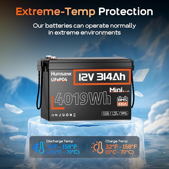 Akumulator litowy HumsiENK 12 V 300 Ah (314 Ah) LiFePO4, miniaturowy rozmiar, 200 A BMS z Bluetooth, 15 000+ głębokich cykli ładowania, 4019 Wh energii do zastosowań w pojazdach rekreacyjnych 4P - obrazek 6