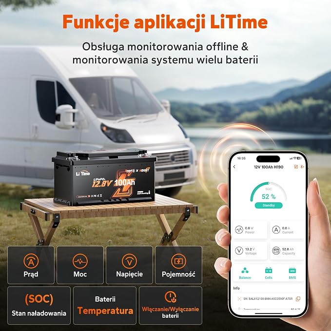 LiTime LiFePO4 Bateria 12V 100Ah W190 Bluetooth, 200A BMS, Inteligentne Grzanie, Wyjście 2C Dużego Prądu, Ochrona Przed Niską Temperaturą, 4000+ Cykli, Do Kamperów, Wymiar DIN H8 L5 GROUP49 - obrazek 3
