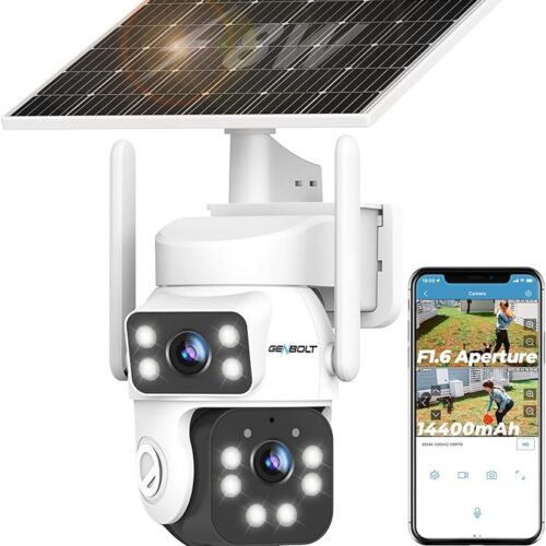 GENBOLT 2K AOV WiFi Kamera Zewnętrzna Solarna Dwa obiektywy 3MP*2 | Nagrywanie 24/7,Dwa obiektywy 3MP*2,Brak Wi-Fi,Łatwe do zainstalowania,Wykrywanie AI,Podwójny obiektyw,Automatyczne śledzenie