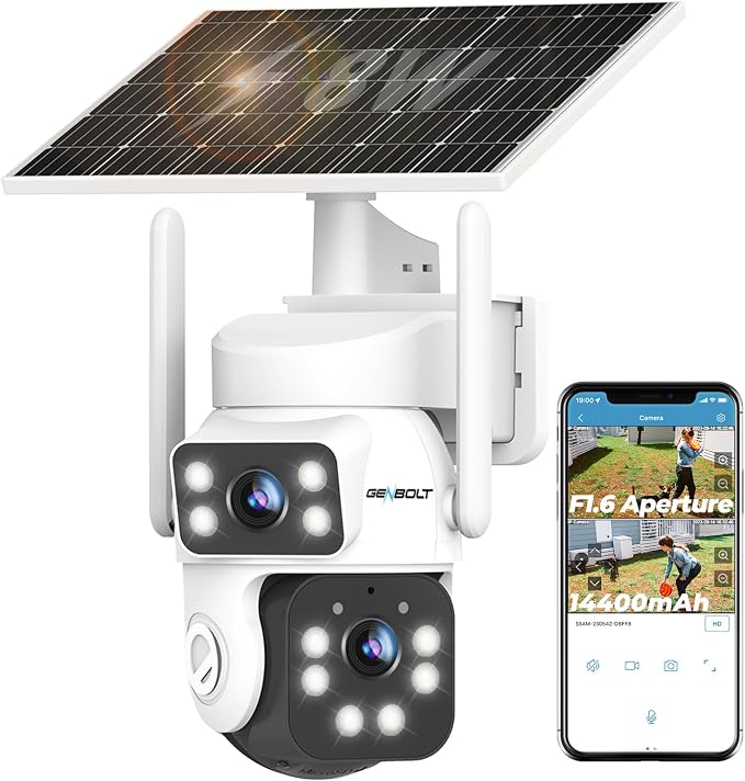 GENBOLT 2K AOV WiFi Kamera Zewnętrzna Solarna Dwa obiektywy 3MP*2 | Nagrywanie 24/7,Dwa obiektywy 3MP*2,Brak Wi-Fi,Łatwe do zainstalowania,Wykrywanie AI,Podwójny obiektyw,Automatyczne śledzenie