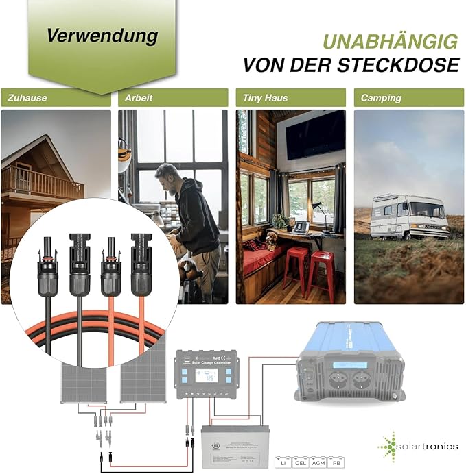 SOLARTRONICS Przedłużacz 4 mm² z wtyczką solarną 2 x 6 m - kabel PV H1Z2Z2-K obustronnie czerwony/czarny - kabel fotowoltaiczny z wtyczką - kabel solarny do instalacji solarnej PV - Made in Germany - obrazek 6