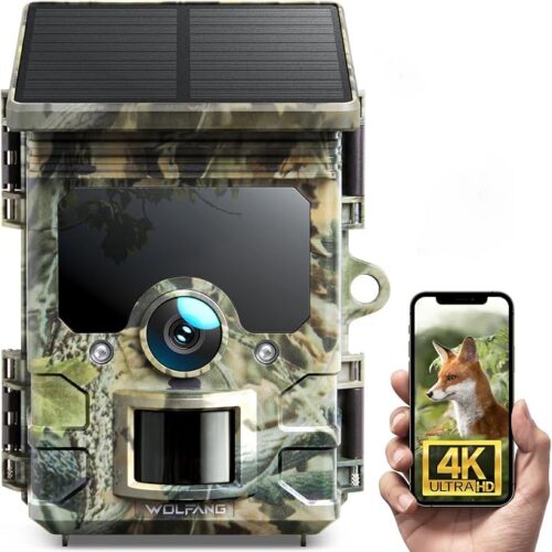 WOLFANG Solarna kamera do dzikiej przyrody, 4K, 46 MP, WiFi Bluetooth z noktowizorem, aktywowana ruchem, czas wyzwalania 0,1 s, wodoodporna kamera IP66, do monitorowania dzikiej przyrody