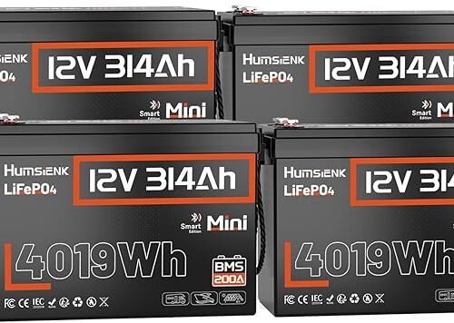 Akumulator litowy HumsiENK 12 V 300 Ah (314 Ah) LiFePO4, miniaturowy rozmiar, 200 A BMS z Bluetooth, 15 000+ głębokich cykli ładowania, 4019 Wh energii do zastosowań w pojazdach rekreacyjnych 4P