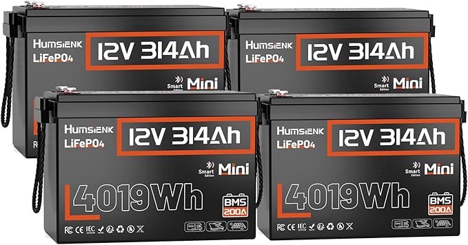 Akumulator litowy HumsiENK 12 V 300 Ah (314 Ah) LiFePO4, miniaturowy rozmiar, 200 A BMS z Bluetooth, 15 000+ głębokich cykli ładowania, 4019 Wh energii do zastosowań w pojazdach rekreacyjnych 4P