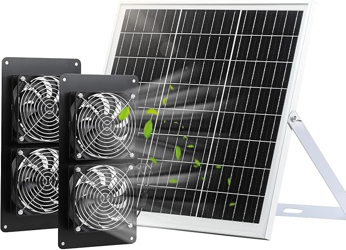 Wentylator solarny, IP65, odporny na warunki atmosferyczne, z panelem słonecznym 20 W i 4 wentylatorami DC, do małych kurników, szklarni, szop, domów dla zwierząt domowych, okien