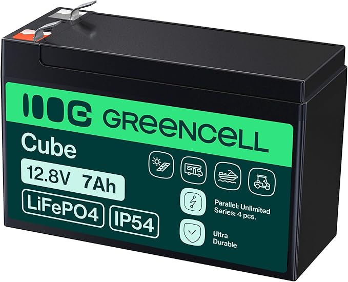 Green Cell CUBE LiFePO4 akumulator 7 Ah 12,8 V – akumulator litowo-żelazowo-fosforanowy do samochodów kempingowych, łodzi, instalacji solarnych, systemów off-grid, z BMS, lekki i bezpieczny - obrazek 2